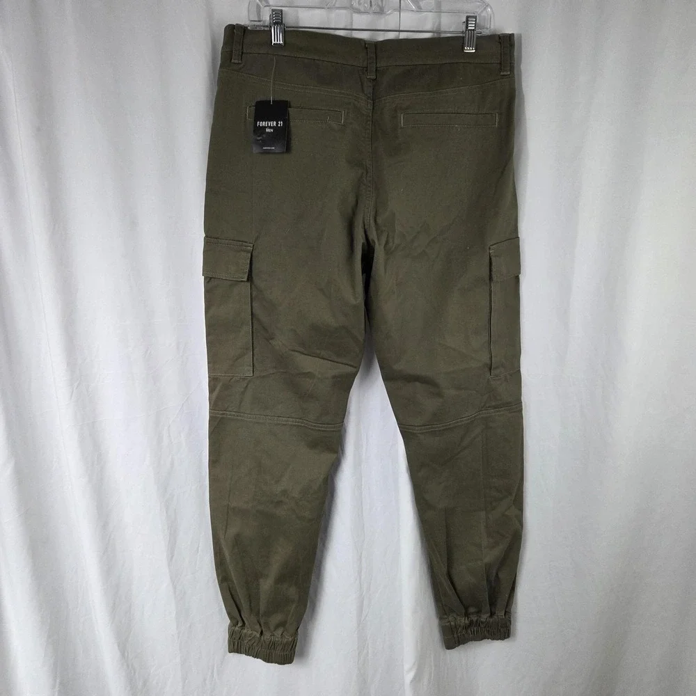 Forever 21 Pants Mens Medium Green Canvas Cargo Joggers Stretch Pockets Casual